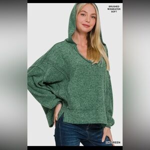 ZENANA BRUSHED HACCI EXPOSED SEAM HOODIE GREEN NEW